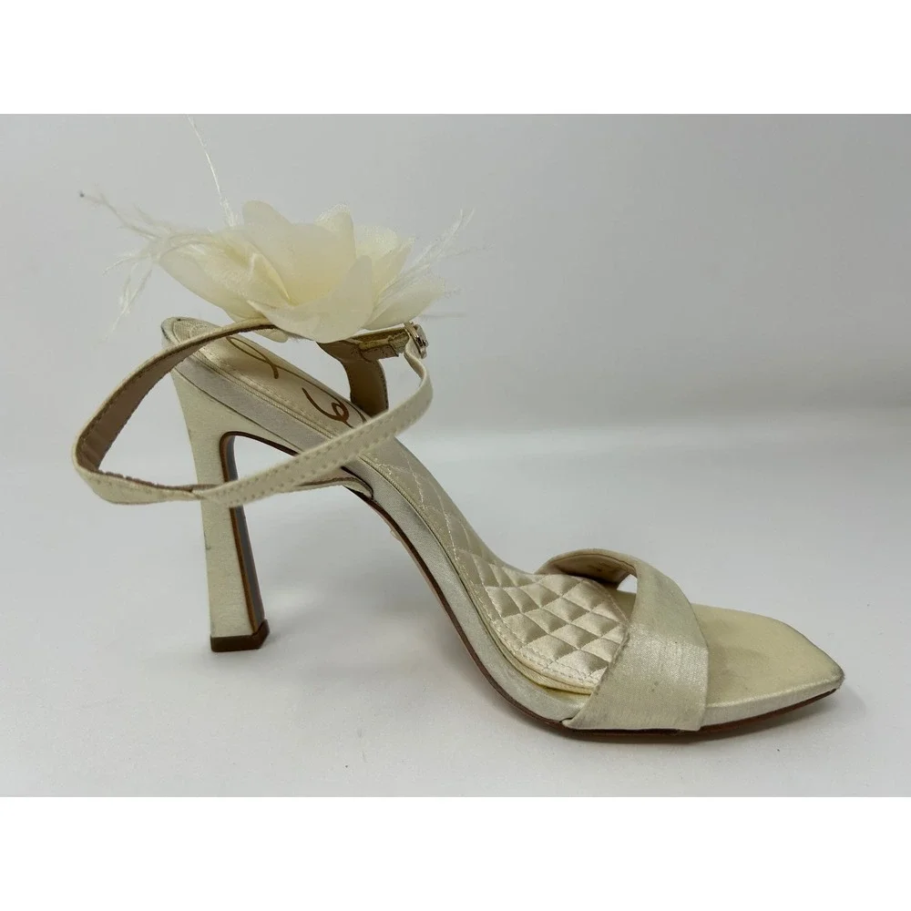 Sam Edelman Womens Ivory Satin Floral Feather Ankle Strap Heel Sandals Square 6